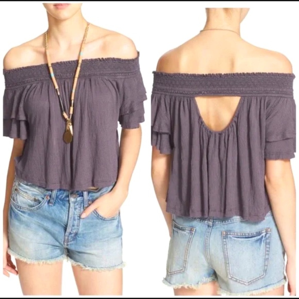 Free People Santorini Off Shoulder Boho Hippie Top Ruffle Sleeve Vacation